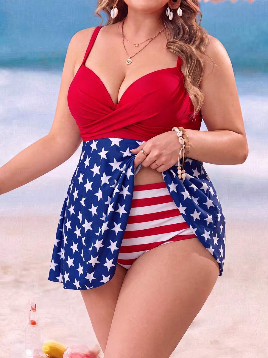 Swim Lushoire 女款時尚大尺碼成熟風泳衣 Tankini 上衣與三角泳褲 2 件套 - 紅色 - 查看 1