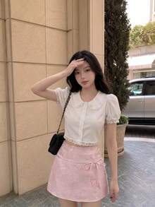 SHEIN MOD Áo blouse dáng ngắn tay phồng viền ren, áo ngắn tay - trắng - Xem 4