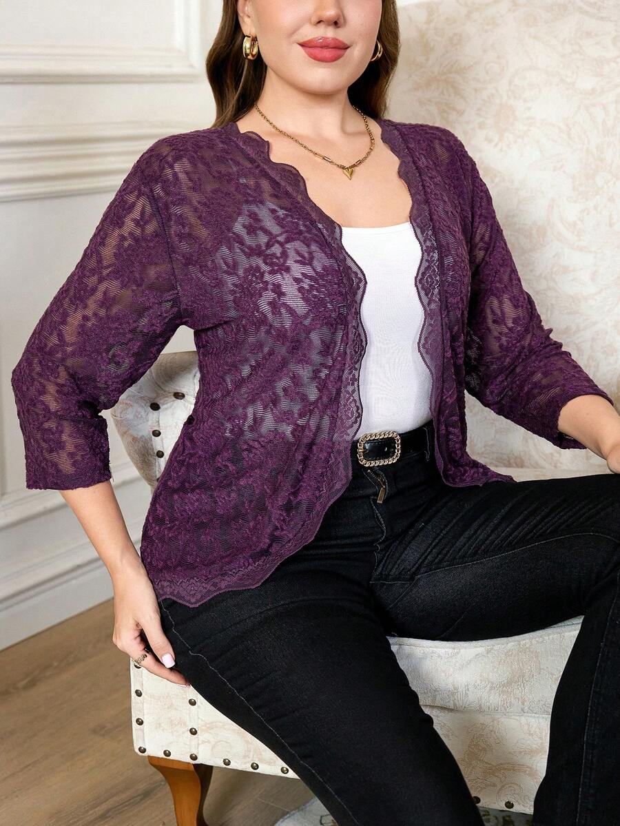 SHEIN Clasi Plus Size Elegant Solid Color Sheer Lace Thin Jacket - Purple - View 1