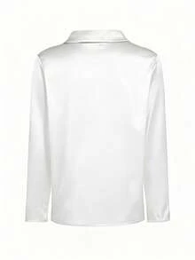 SHEIN 女士纯色翻领休闲百搭日常通勤长袖府绸衬衫 - 白色 - 查看 8