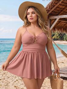 SHEIN CURVE+ Plus Size Women's Solid Color Ruched Spaghetti Strap Swim Dress, Suitable For Summer Vacation And Beach Orange Sexy - Dusty Pink - View 5