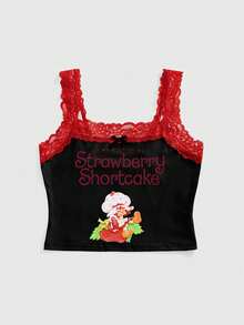 Strawberry Shortcake | ROMWE Cute Strawberry Collaboration Lace Patchwork Polka Dot Bow Non-Wired Women's Lingerie Set - Black - View 8