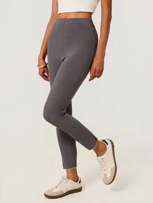 SHEIN BASICS 女款純色彈性腰休閒百搭內搭褲 - 灰色 - 查看 7