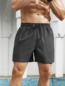 Manfinity KASUA Men's Plus Size Solid Color Drawstring Waist Beach Shorts, Casual Vacation - Dark Grey - View 6