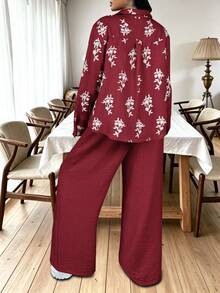SHEIN LUNE 大码女式法式休闲优雅长袖上衣和裤子两件套，秋冬款 - 酒紅色 - 查看 2