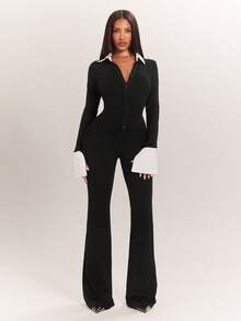 Radiana Women's Elegant Commute Colorblock Patchwork Jumpsuit - Black and White - View 4
