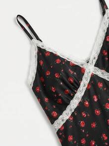 lacRébo Schwarzes Blumen-Polka-Dot-Spaghettiträger-Kleid in Knielänge mit weißem Spitzenbesatz und Bustier-Design - Schwarz - Übersicht 8