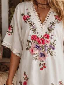 Elouméa Women's Spring/Summer French Casual Matrix V-Neck Batwing Sleeve Floral Print Contrast Lace Loose Dress Office Formal White - Apricot - View 3