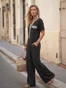 Faunlyn Women's Colorblock Button Half-Placket Short Sleeve Pocket Casual Jumpsuit Vacation Dark Grey Summer Jumpsuits For Women - Dark Grey - View 7
