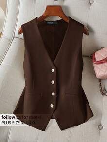 CosyJoli Plus Size Casual And Formal Solid Color Suit Vest In Fall/Winter - Coffee Brown - View 2