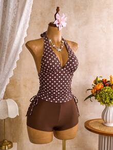 Swim Vcay Women's Summer Casual Vacation Polka Dot Halter Top And Hipster Tankini Bottom Tankini Set - Coffee Brown - View 4