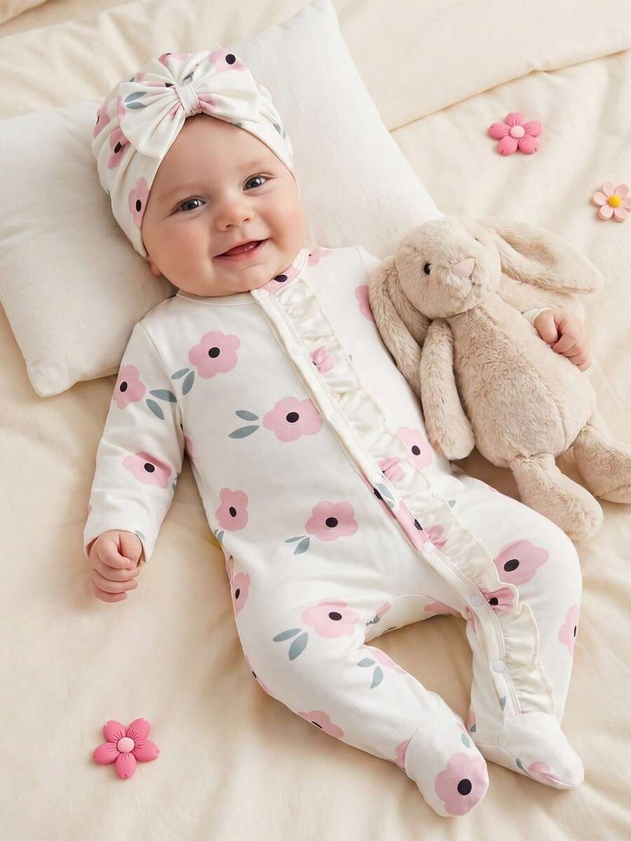 SHEIN 秋冬款新生兒蝴蝶結印花可愛嬰兒連身衣+帽子 - 白色 - 查看 1