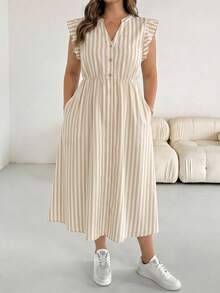 SHEIN Essnce Vestido de talla grande con estampado de rayas y volantes, manga corta, estilo casual de vacaciones, adecuado para el verano - Multicolor - Ver 5