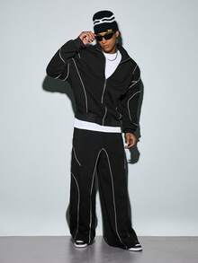Modcrash Men's Jacket Pants Set, Streetwear Minimalist Casual, Relaxed Fit, Autumn Winter, Unisex - Black - View 1