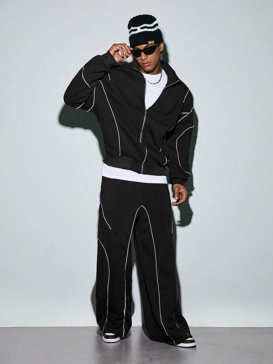 Modcrash Men's Jacket Pants Set, Streetwear Minimalist Casual, Relaxed Fit, Autumn Winter, Unisex - Black - View 1