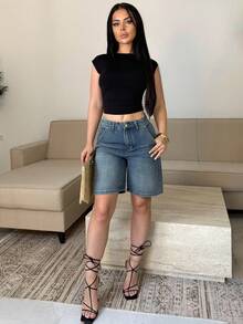 Vassilux 女款貓鬍鬚洗水直筒五分牛仔短褲 夏季休閒牛仔短褲 - 中等水洗藍 - 查看 1