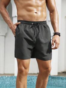 Manfinity KASUA Men's Plus Size Solid Color Drawstring Waist Beach Shorts, Casual Vacation - Dark Grey - View 5
