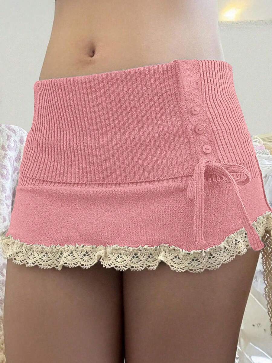 INAWLY 女款蕾絲飾邊迷你針織裙 - 粉色 - 查看 1