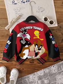 LOONEY TUNES X SHEIN 男嬰圓領字母卡通圖案拼色休閒日常長袖衛衣 - 白色 - 查看 2