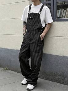 Manfinity Roghcode Men's Black Striped Fashion Casual Versatile Long Pants With Suspenders - Black - View 3
