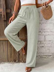 SHEIN Frenchy Women's Casual Striped Straight Leg Pants For Vacation Beach Green And White Autumn - Green - View 4