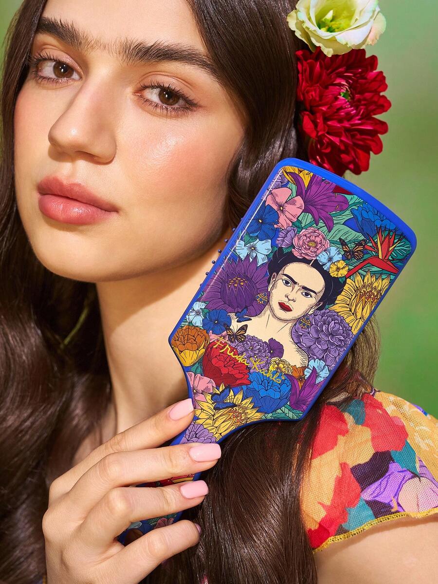 Frida Kahlo X SHEIN 1個藝術圖案印花方形氣墊梳,女性按摩梳,蓬鬆髮梳,女性長髮按摩梳,家用,乾濕兩用造型梳,美髮工具,美髮沙龍美容產品,女性髮飾,特別適合粉絲、花卉、藝術家、墨西哥風格、芙里達 - 藍色 - 查看 1