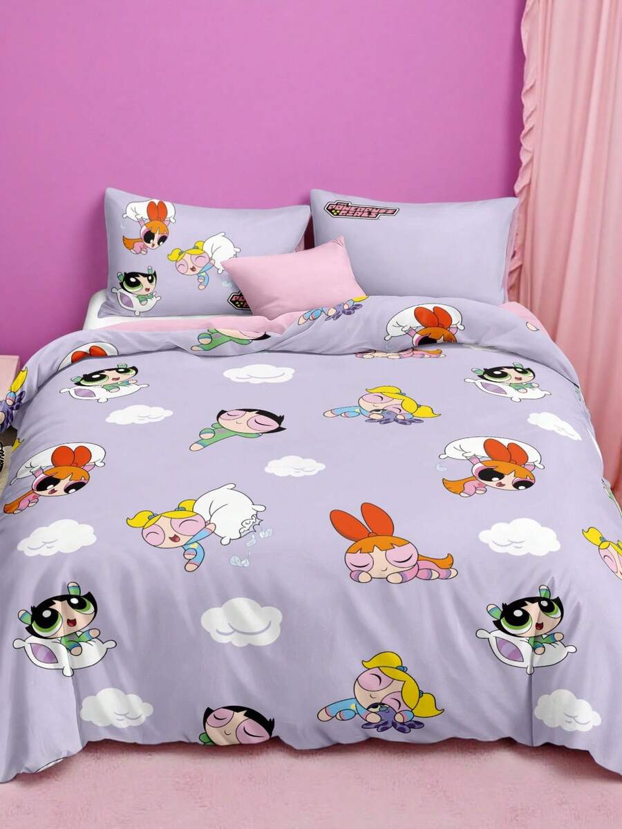 THE POWERPUFF GIRLS X SHEIN 三件套紫色卡通印花被套，磨毛材质，柔软保暖，多种尺寸可选，适用于单人床/双人床/大号床/特大号床，可机洗 - 彩色 - 查看 1