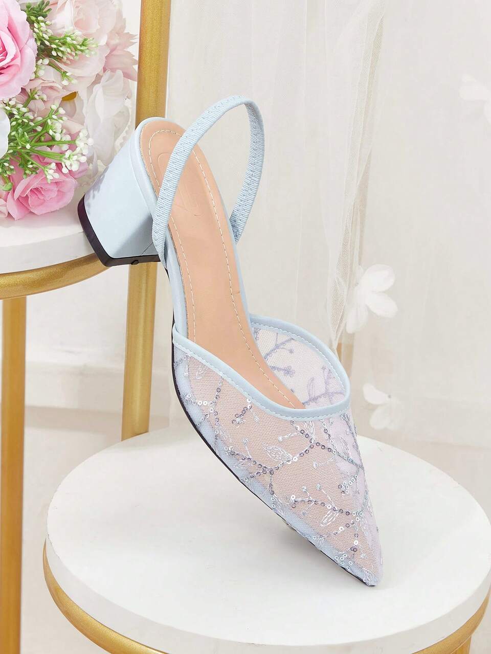 CUCCOO HITCHD New Chinese Style Light Blue High-Heeled Mullers, Pointed Lace Embroidered Convertible Sandals, Women's Summer Shoes