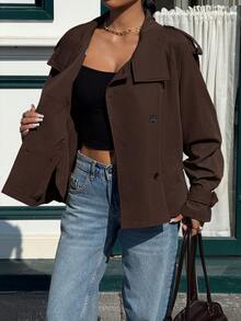 Muchica Chaqueta gabardina de moda versátil para mujer con cuello alto, diseño de lazo en la cintura y unicolor - Marrón Chocolate - Ver 3