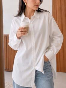Solavon Women's Minimalist Versatile Solid Color Single-Breasted Asymmetrical Hem Long Sleeve Shirt - White - View 4