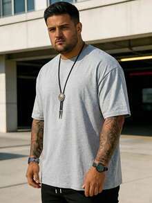 Manfinity Roghcode Plus Size Men's Casual Round Neck Short Sleeve Solid Color T-Shirt, Summer - Light Grey - View 1