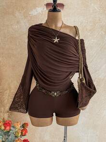 Soleia Women's Fashion One-Shoulder Ruched Lace Patchwork Sexy Romper - Brown - View 1