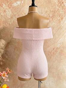 SHEIN Women's Regular One-Shoulder Fitted Knitted Jacquard Shorts Jumpsuit, Cross Neckline Ruffle Collar, Slim Fit Waist, Tropical Romantic Baby Pink Summer - Pink - View 3