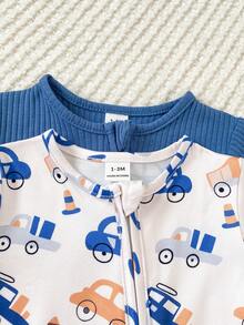 SHEIN Vintaside Kids 2件組四季新生兒居家服，灰藍色羅紋棉布，可愛淺杏色小車印花連身連腳連帽衣 - 藍色 - 查看 4