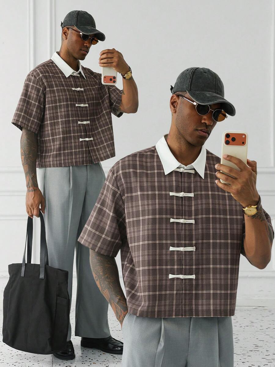 HUEFORM Men's Fashion Plaid Print  Frog-Button Mandarin  Cropped Fit Shirt ,Perfect For Those Who Care About Style In Their Outfits. - Khaki - View 1