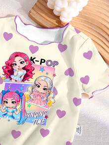 Young Girls Pajamas 1 Set, All-Season Heart Cartoon Pattern Print Contrast Color Ruffle Trim Crew Neck Pullover T-Shirt And Full Print Long Pants Loungewear Set - White - View 5