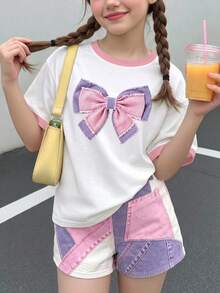 夏季秋季女童休閒時尚簡約風假蝴蝶結印花短袖T恤美式彩色印花設計2件套個性百搭套裝，適合8Y-12Y女童四季穿著 - 白色 - 查看 3