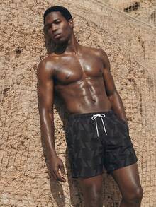 Manfinity KASUA Men's Geometric Printed Drawstring Beach Shorts With Built-In Briefs,Hawaiian - Black and White - View 3