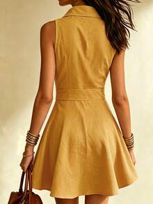 EMERY ROSE Women's Solid Color Button Casual Daily Wear Dress - Yellow - View 2