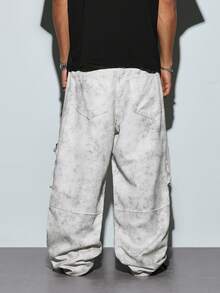 Modcrash Vintage Distressed Cargo Pants, Loose Wide Leg Pleated Design, Streetwear Multi-Pocket Casual Jeans - Light Grey - View 2