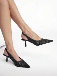 Mnmlis Women's New Woven Vacation Style Back Strap Fashion High Heels Shoes Comfortable Daily Commute Versatile - Black - View 8
