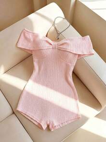 SHEIN Women's Regular One-Shoulder Fitted Knitted Jacquard Shorts Jumpsuit, Cross Neckline Ruffle Collar, Slim Fit Waist, Tropical Romantic Baby Pink Summer - Pink - View 4
