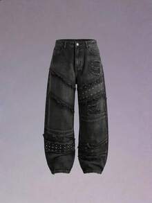 DSELFIQUE Men's Vintage Fashionable Versatile Rivet Frayed Distressed Wide Leg Loose Casual Daily Denim Jeans - Black - View 5