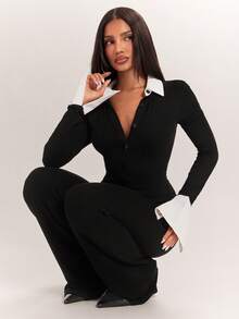 Radiana Women's Elegant Commute Colorblock Patchwork Jumpsuit - Black and White - View 1