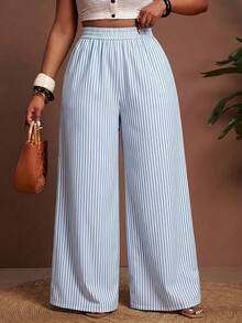 Slaydiva Plus Size Casual Striped Wide Leg Pants For Vacation Fall - Multicolor - View 3