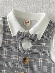 Cozy Pixies Conjunto de 3 piezas de traje para bebé niño y niña, estilo caballero, camisa blanca de manga corta tipo camiseta, chaleco y pantalones cortos, estampado de cuadros grises, adecuado para primavera y verano, estilo británico, para uso en casa y al aire libre, ideal para fiesta de cumpleaños, bautizo, celebración del primer cumpleaños, fiesta de noche, actuación, cena, boda y otras ocasiones - Gris - Ver 5