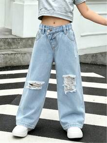SHEIN ChillGRL 女款 Y2K 休閒日常百搭街頭風獨特不對稱彈性腰破損寬腿直筒牛仔褲，舒適百搭，2025 新款必備，四季適用，適合日常出遊 HOT - 藍色 - 查看 3