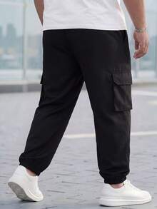 Manfinity Homme 男士加大码纯色工装裤，带抽绳下摆和口袋，外出纯色长款休闲裤黑色裤子，适合丈夫、男朋友的礼物黑色工装裤黑色工装裤男士黑色宽松裤男士裤子黑色，适合秋季 - 黑色 - 查看 2