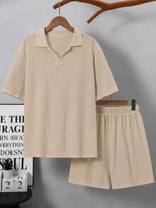 SHEIN 青少年男孩紋理短袖 Polo 衫與短褲休閒套裝 - 卡其色 - 查看 3