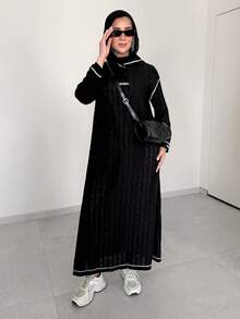 Solavon Hooded Contrast Stitching Letter Long Sweatshirt Dress - Black - View 3